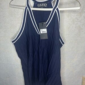 GSTQ Fadeaway  Tank Top Midnight  Blue White Stripe WOMEN'S Size Medium